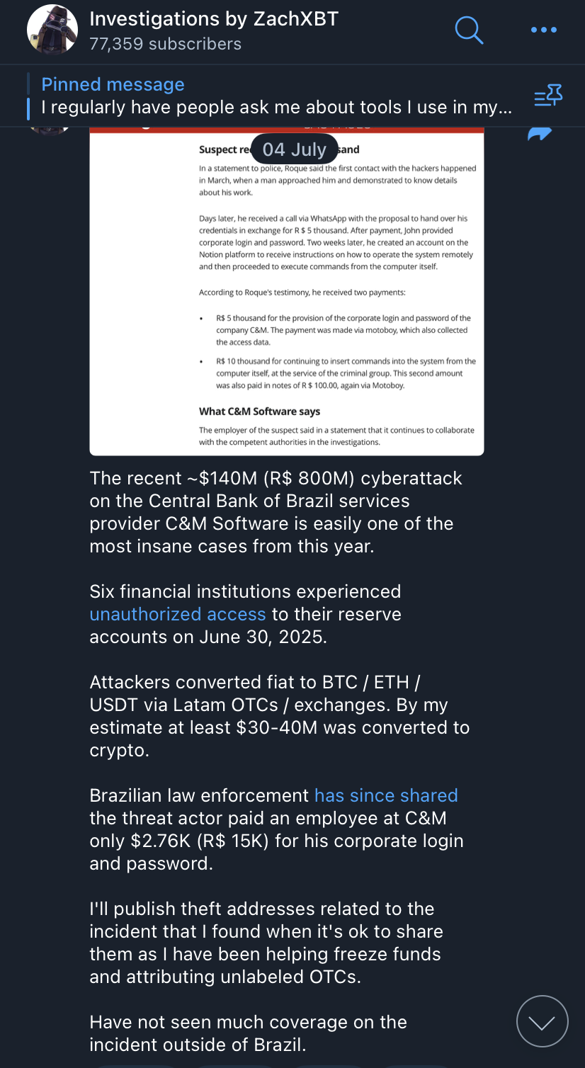 巴西央行有內鬼！駭客花小錢買通工程師，直接偷走1.48億鎂