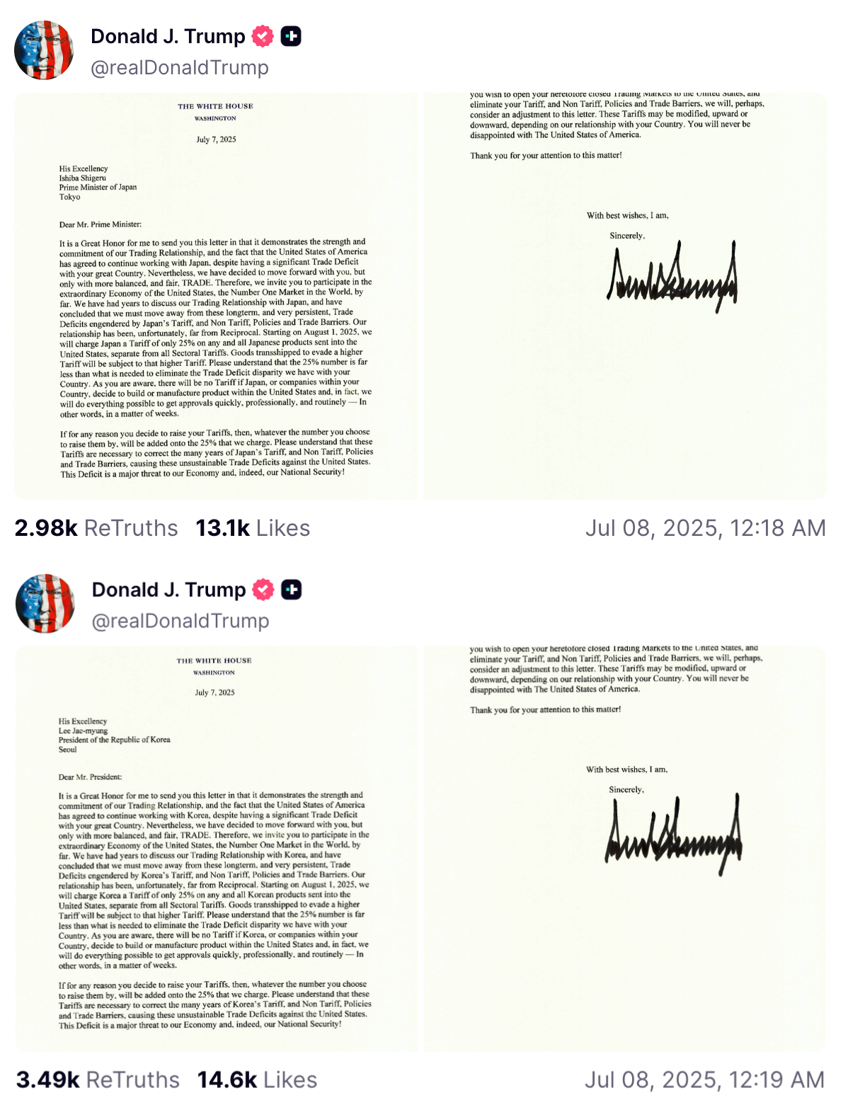 關稅戰陰影再現！川普開第一槍對日韓課25%，加密市場全面轉空