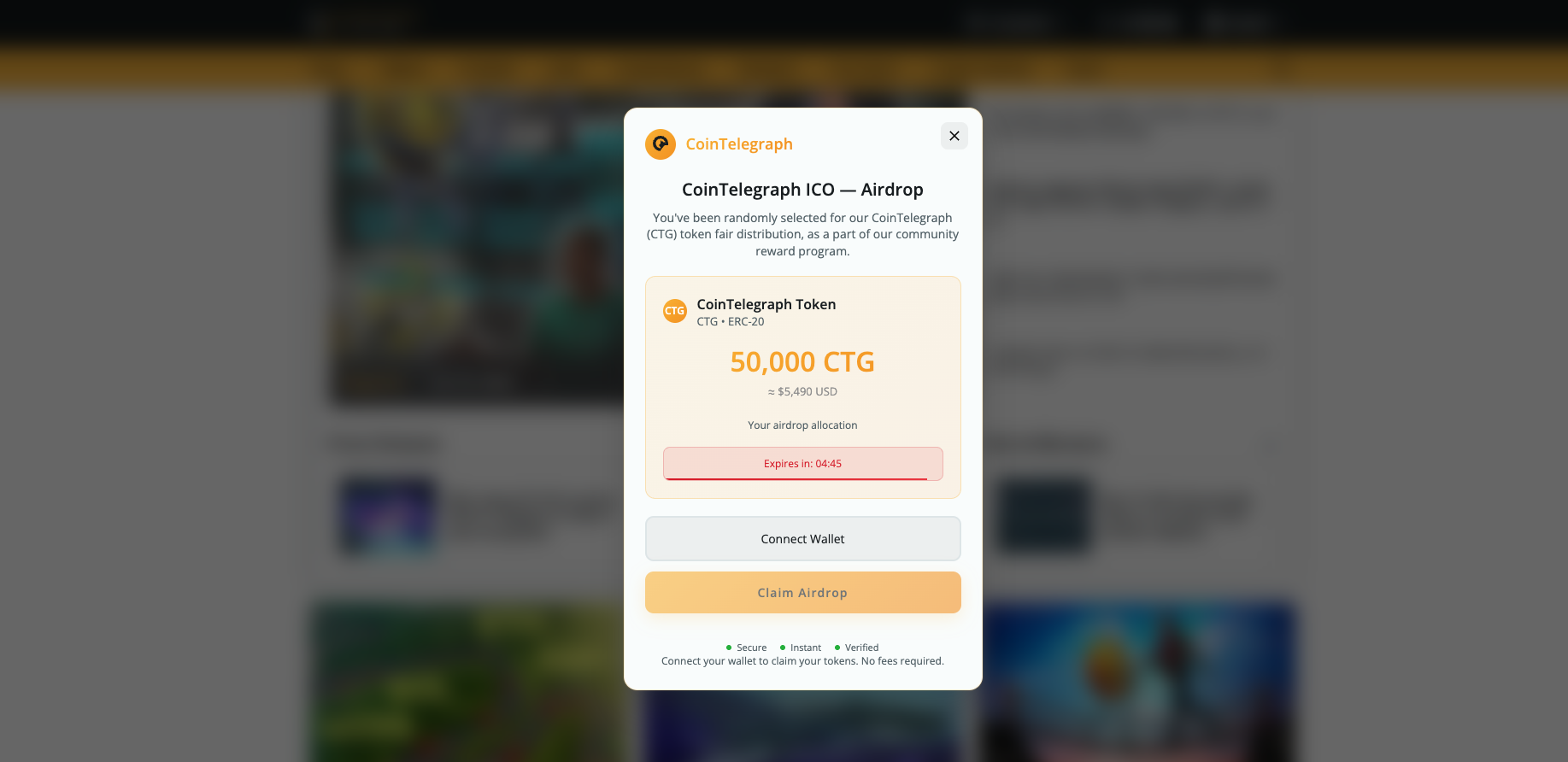 Cointelegraph被駭！詐騙彈窗稱空投5萬CTG，官方：千萬別點