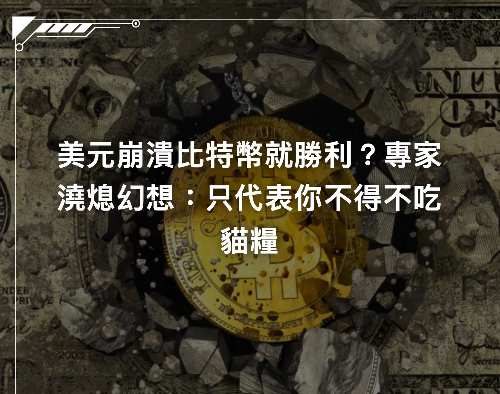 美元崩潰比特幣就勝利？專家澆熄幻想：只代表你不得不吃貓糧