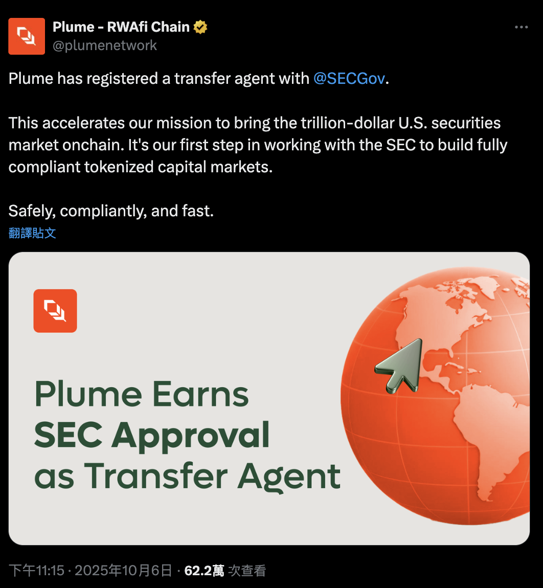 PLUME幣暴漲25%！Plume平台獲過戶代理人許可，推動兆級基金上鏈