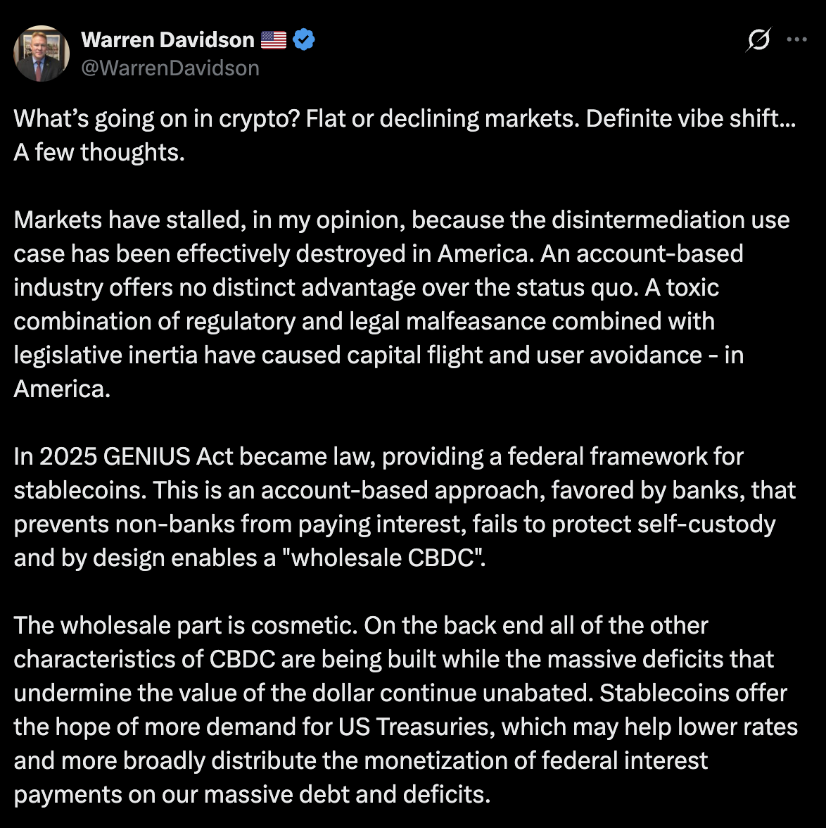 美國加密監管踩紅線！議員：GENIUS、CLARITY法案威脅自託管原則